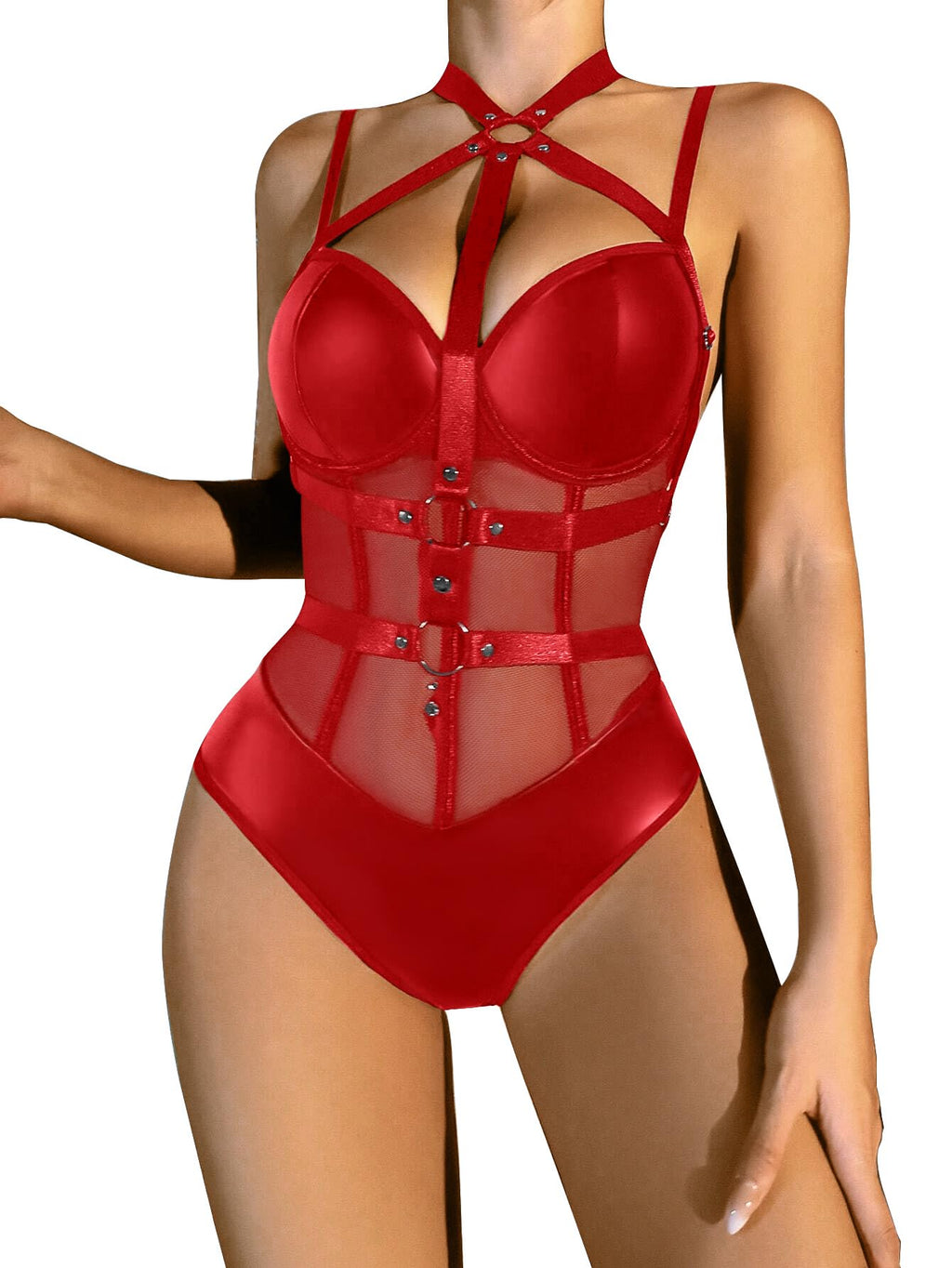 Lilosy Sexy Crisscross Choker Leather Underwire Push Up Mesh Sheer Babydoll Women Harness Teddy Bodysuit Nightgown Nightshirt One Piece Pu Latex Red Medium