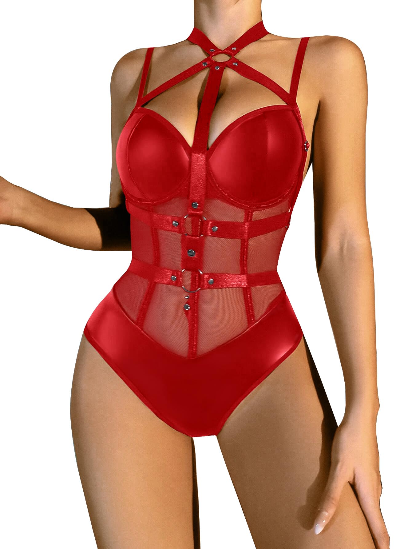 Lilosy Sexy Crisscross Choker Leather Underwire Push Up Mesh Sheer Babydoll Women Harness Teddy Bodysuit Nightgown Nightshirt One Piece Pu Latex Red Medium