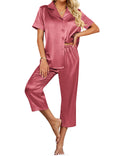 Ekouaer Womens Satin Pajamas Silk Capri Pjs 2 Piece Lounge Sets Short Sleeve Button Down Sleepwear Dusty Rose X-Large