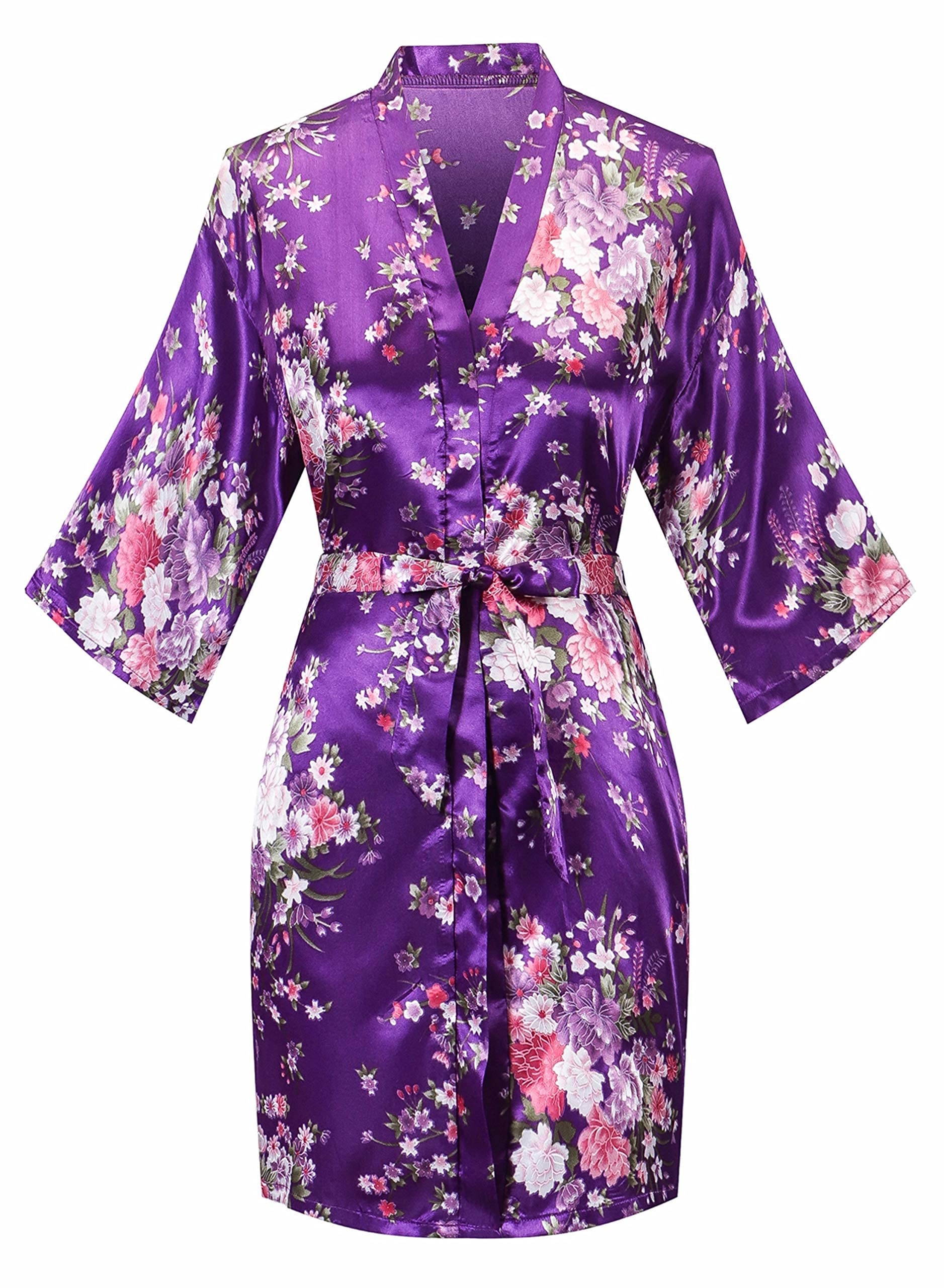 YINGER Womens Satin Kimono Robes Short Silky Floral Robe Bride Bridesmaid Robes Bathrobes for Wedding Party Purple