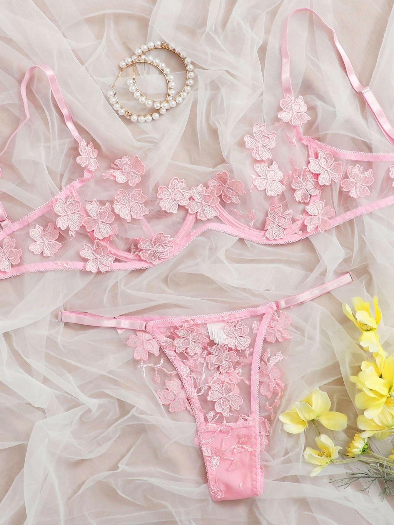 Lace Embroidered Floral Lingerie Set for Women