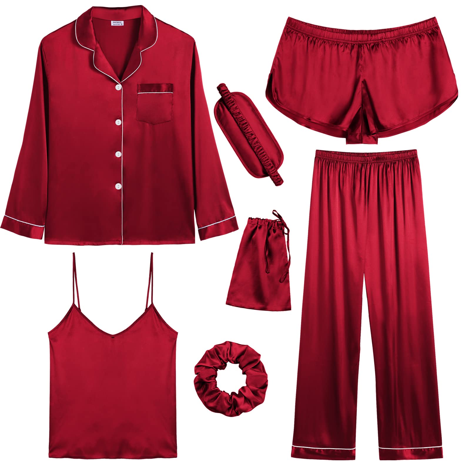 SWOMOG Women Satin Pajamas 4pcs Pajama Set Sexy Cami Shorts Set and Button Down Long Sleeve Pjs Loungewear Sleepwear Dark RedLarge