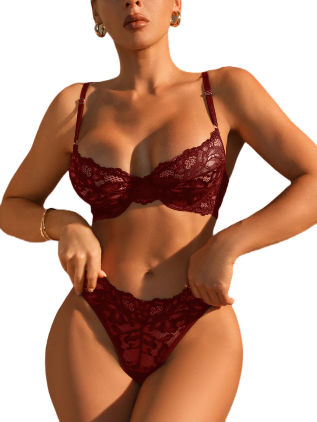 SOLY HUX Womens Floral Lace Sheer Underwire Bralette Bra and Panty Lingerie Set Plain Burgundy XL