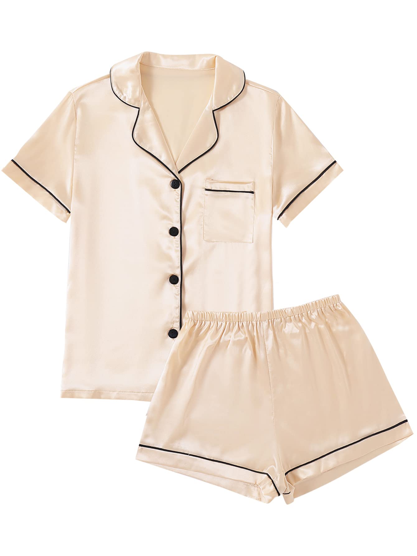 LYANER Womens Satin Pajamas Set Short Sleeve Button Shirt Silky Sleepwear with Shorts Set PJ Champagne Medium