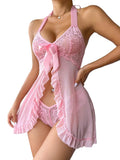 Foxiny Sexy Halter Open Front Ruffle Sheer Mesh Lace Babydoll Lingerie Dress with Thong 2 Piece Women See Through Panty Pajamas Set Chemise Negligee Nighty Night Gown Sleep Wear Light Pink Medium