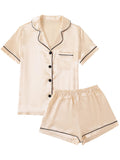 LYANER Womens Satin Pajamas Set Short Sleeve Button Shirt Silky Sleepwear with Shorts Set PJ Champagne Medium