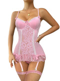 Lilosy Sexy Bows Lace Babydoll Lingerie Set with Panty Ruffle Bustier Corset Underwire Push Up Floral Mesh Sheer Women Maid Teddy Bodysuit Nightshirt See Through Boudoir Garter 3 Piece Pink&White L
