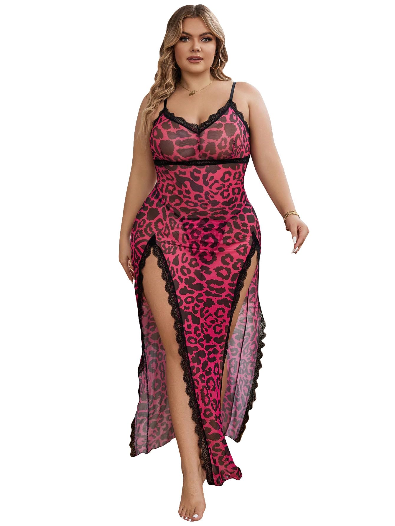 COZYEASE Womens Plus 2 Piece Lingerie Set Leopard Lace Trim Split Thigh Mesh Babydoll Chemise Lingerie Nightgown with Thong Pink 3XL