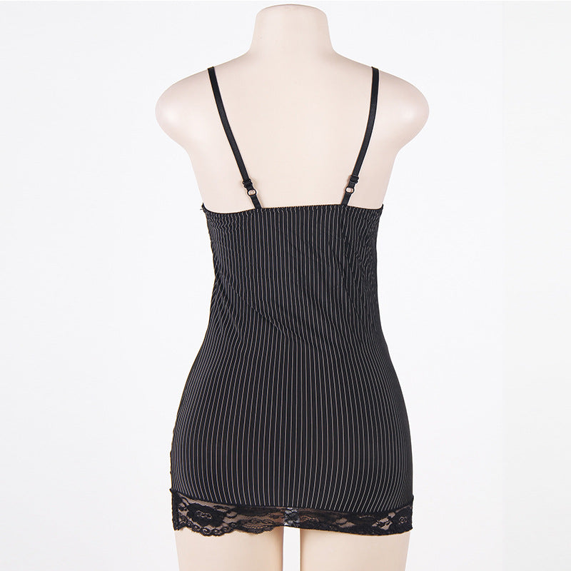 Black Lace Trim Striped Nightgown Lingerie Set
