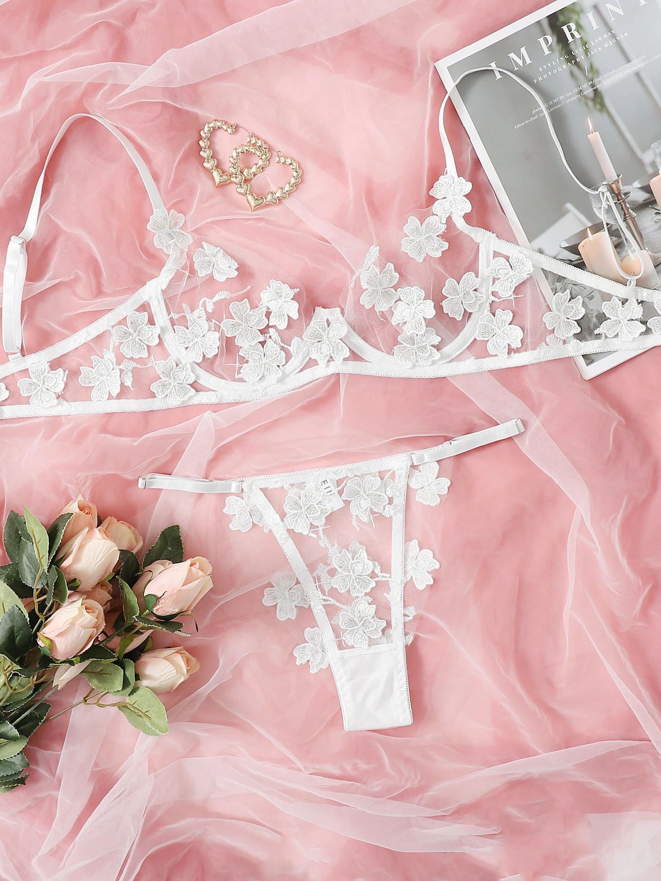 Lace Embroidered Floral Lingerie Set for Women