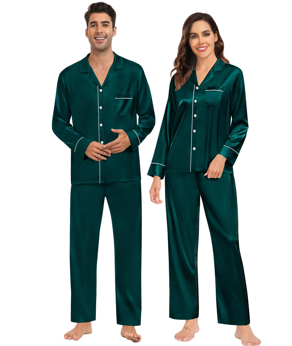 SWOMOG Couples Satin Pajamas Set Mens Matching Silk Long Sleeve Sleepwear 2 Piece Button Down Pjs Set Lounge Set Deep Green