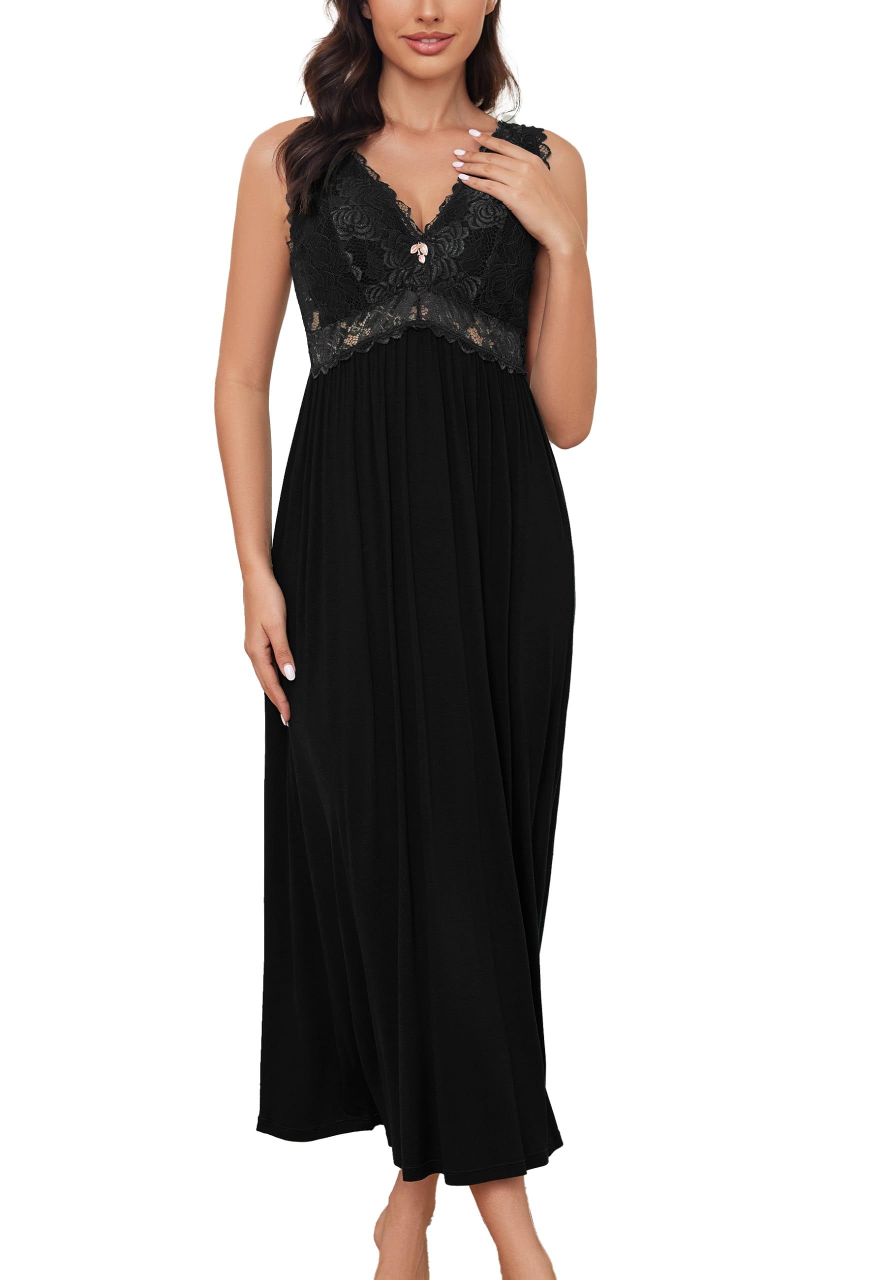 Mist Azur Womens Sleepwear Elegant Lace Lingerie Chemises V Neck Long Sexy Sleep Dress Sleeveless Nightgown for Women（Black M）