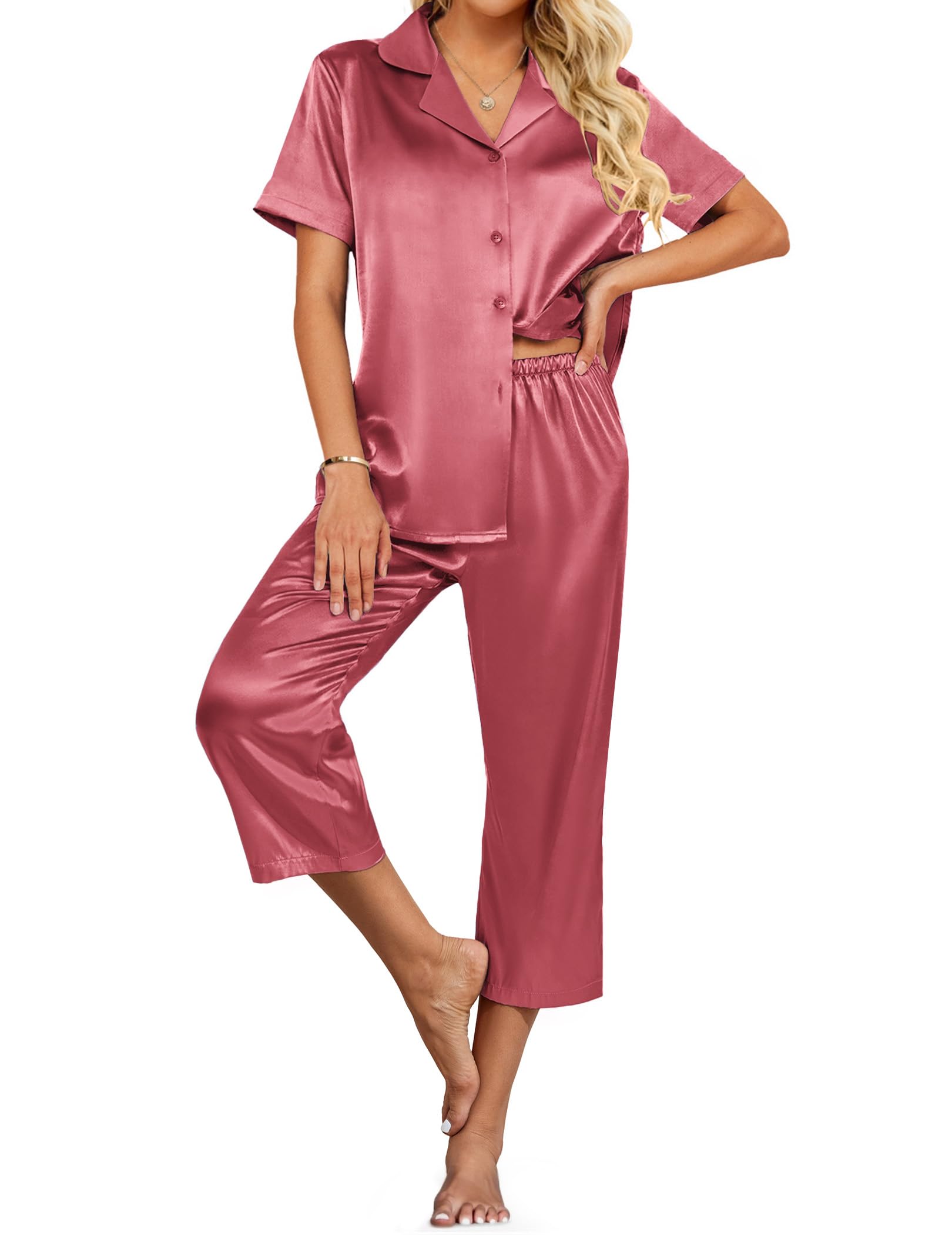Ekouaer Womens Satin Pajamas Silk Capri Pjs 2 Piece Lounge Sets Short Sleeve Button Down Sleepwear Dusty Rose X-Large