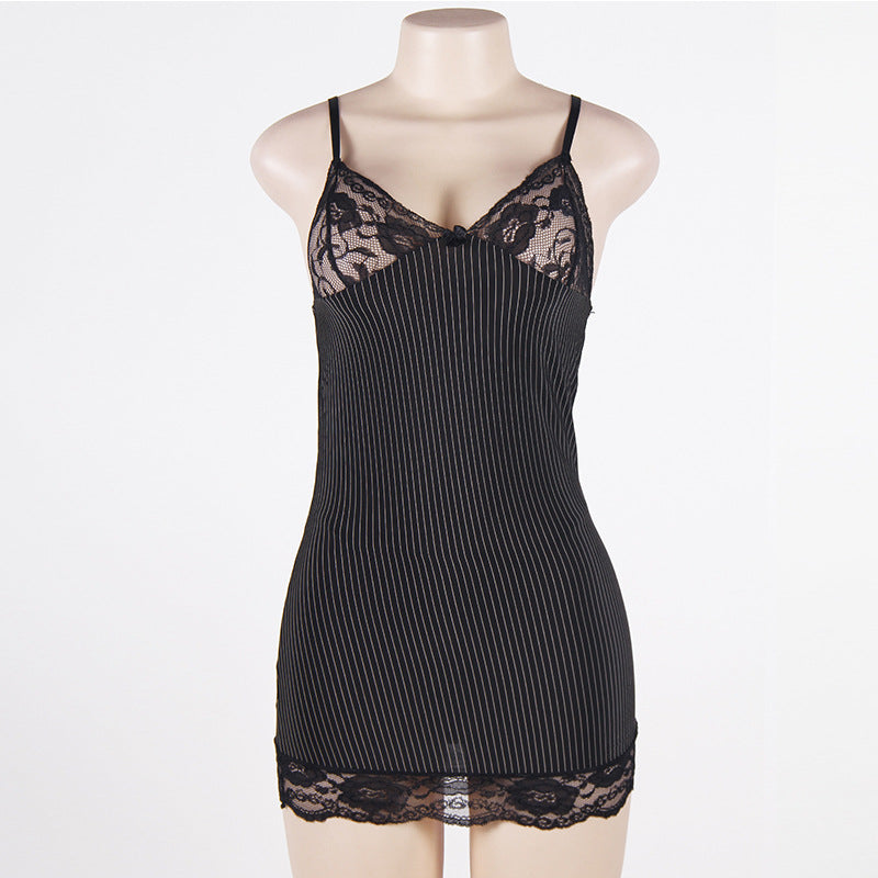 Black Lace Trim Striped Nightgown Lingerie Set