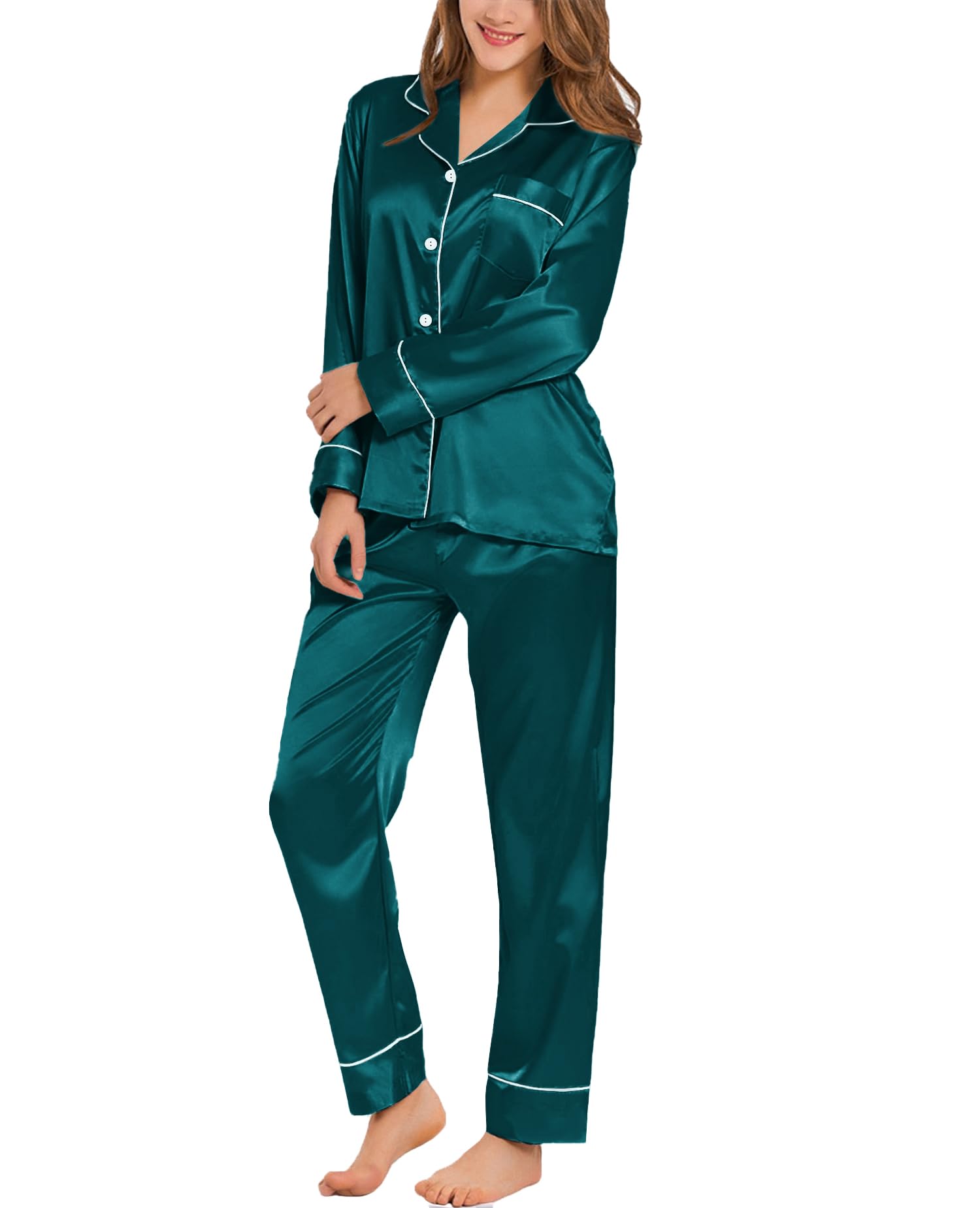 SWOMOG Womens Satin Pajamas Long Sleeve Sleepwear Silk Soft Button Down Loungewear Pjs Set S-XXL Green XX-Large