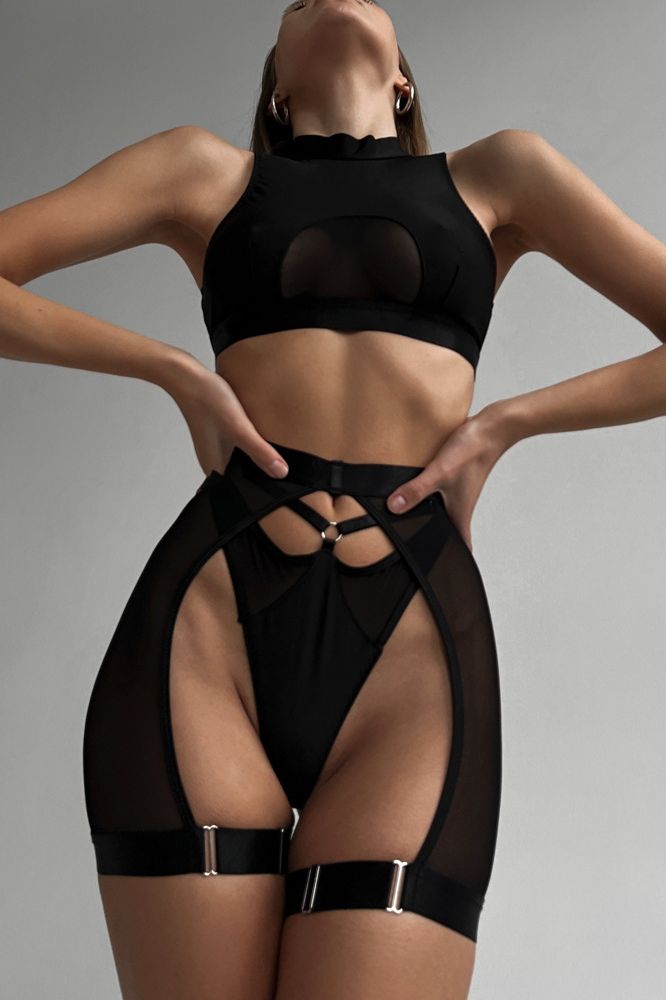 Fashionable Black Wireless Lingerie Set - 3 Pieces