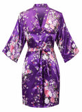 YINGER Womens Satin Kimono Robes Short Silky Floral Robe Bride Bridesmaid Robes Bathrobes for Wedding Party Purple