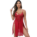 YaShaer Lingerie for Women Lace Babydoll Strap Chemise Nightgown V Neck Sleepwear Sexy Mesh Side Slit Nighty Red 2XL
