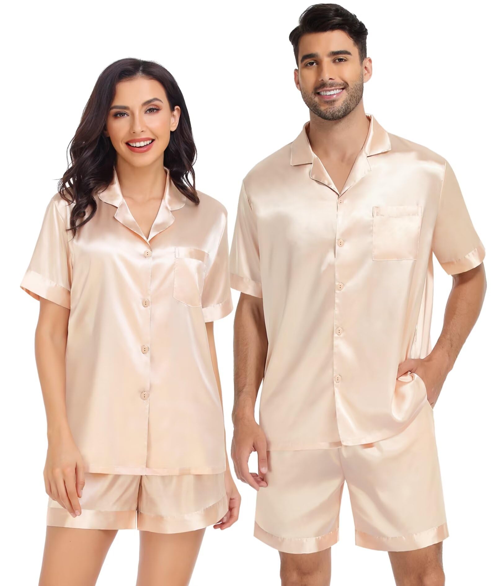 SWOMOG Men Silk Satin Pajamas Sets Short Sleeve Sleepwear Button-Down PJs Sets 2 Pcs Loungewear with Shorts Champagne