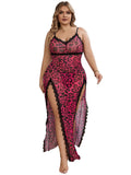 COZYEASE Womens Plus 2 Piece Lingerie Set Leopard Lace Trim Split Thigh Mesh Babydoll Chemise Lingerie Nightgown with Thong Pink 3XL