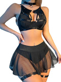 Lilosy Petite Sexy Fishnet Stocking Chocker Strappy Underwire O Ring Push Up Garter Belt Women Lingerie Set Harness Cutout Bra Panty Skirt 5 Piece Black XX-Small