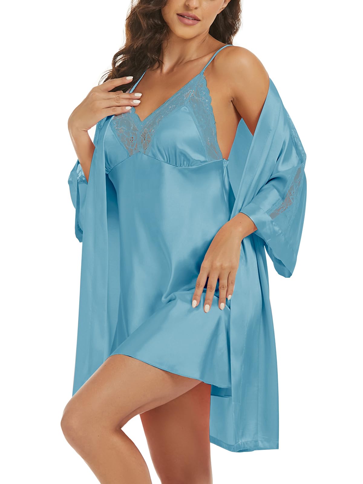 Silk Robes for Women Satin Nightgown Sexy Lace Pajama Set 2 Piece Sleepwear Cami Nightdress Bridesmaid Robe Light Blue XL