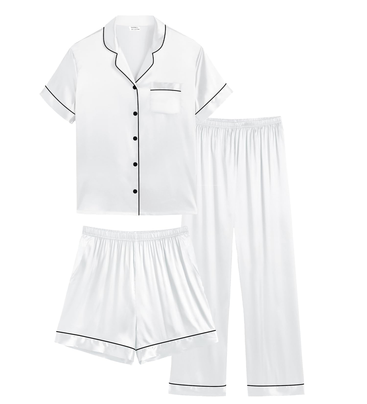 SWOMOG Womens Silk Satin Pajamas Set 3pcs Summer Pj Sets Plus Size Loungewear Button-Down Loose White Sleepwear 26W