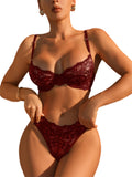 SOLY HUX Womens Floral Lace Sheer Underwire Bralette Bra and Panty Lingerie Set Plain Burgundy XL