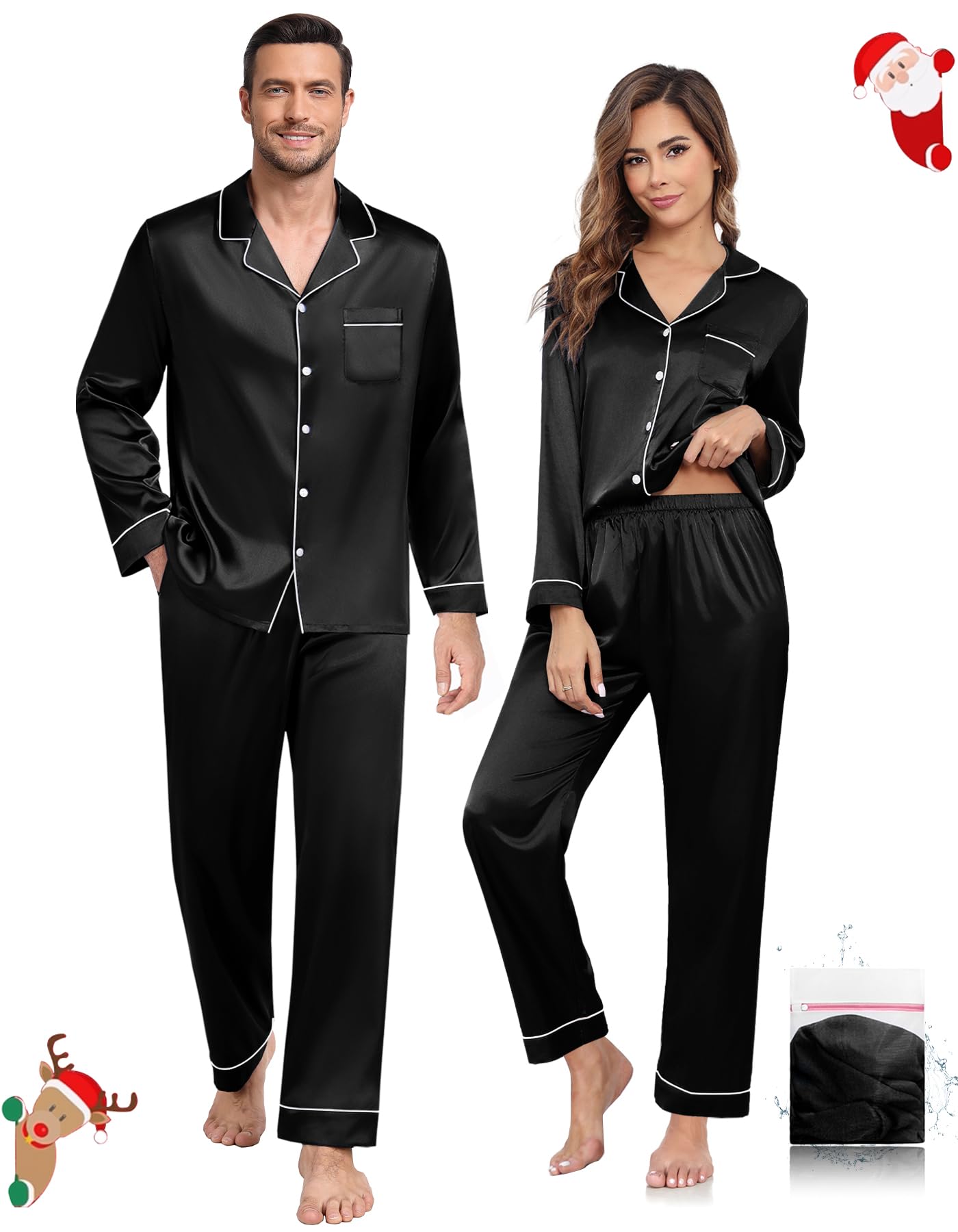 YOPUGEE Womens Satin Silk Pajamas Set Long Sleeve Button Down Sleepwear 2 Piece Soft Pjs Lounge Set Black-M