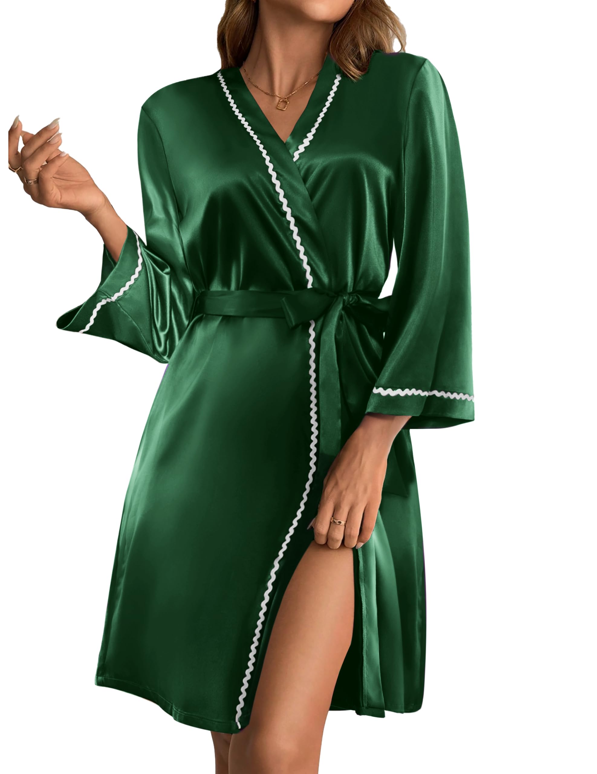 Ekouaer Womens Satin Robe Short Silk Robes for Bride Bridesmaids Kimono 3/4 Sleeve Bathrobe S-XXL