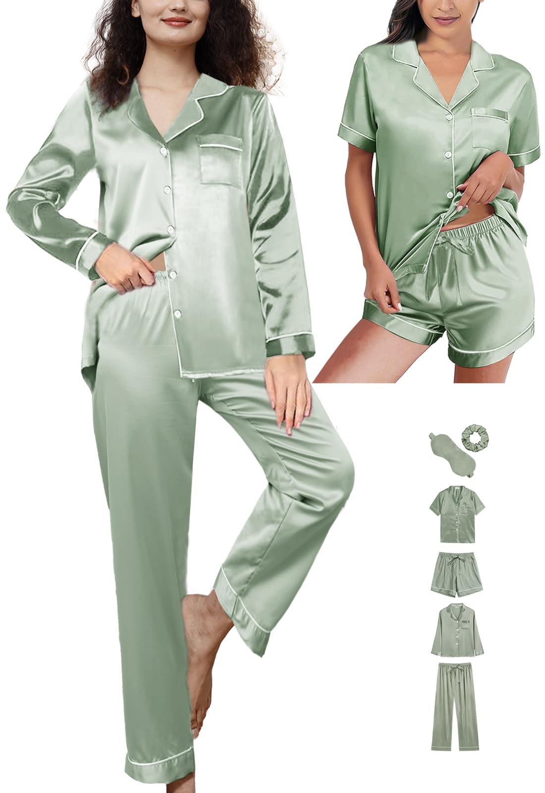 WJing Yi Jia 6Pcs Womens Silk Satin Pajamas Set XS-XXL Pajama Sets Pjs Set Button Down Pj Sets Sleepwear Loungewear