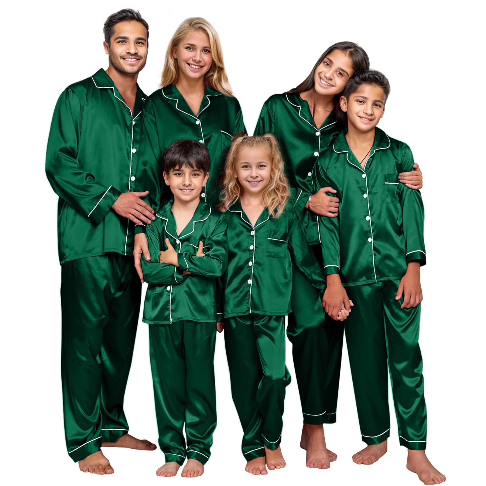 IFFEI Family Silk Satin Pajamas Matching Sets Long Sleeve Pjs for Couples 2 Piece Buttons Kids Christmas Pajamas with Pocket Women：L Green