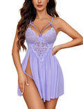 Avidlove Sexy Lingerie for Women Lace Babydoll Chemise Nightgown V Neck Sleepwear Boudoir Nighty Side Slit Nightdress Lilac