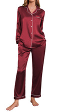 Ekouaer Silk Satin Pajamas Womens Long Sleeve Pj Set Soft Button Down 2 Piece Sleepwear Loungewear (WineXL)