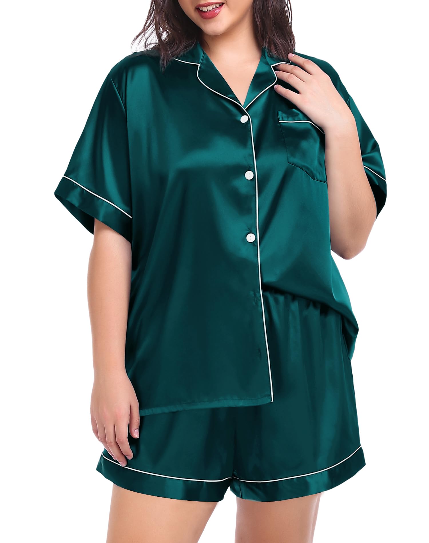 SWOMOG Womens Plus Size Pajama Set Silk Satin Pajamas Button Down Loungewear Short Sleeve Pjs 2 piece Sleepwear 16-28W Dark Green