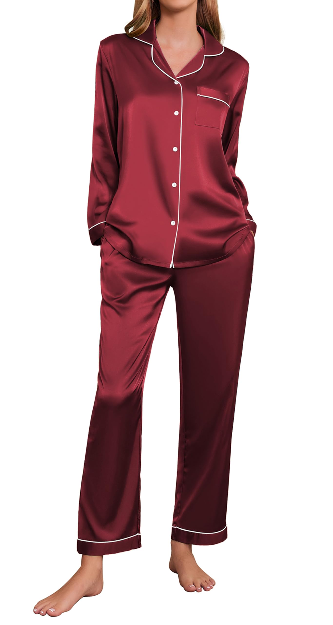 Ekouaer Silk Satin Pajamas Womens Long Sleeve Pj Set Soft Button Down 2 Piece Sleepwear Loungewear (WineXL)