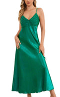 Original Kimono Womens Satin Long Sleepwear V Neck Spaghetti Strap Chemises Lingerie Nightgown Sexy Nightwear Deep Green XL
