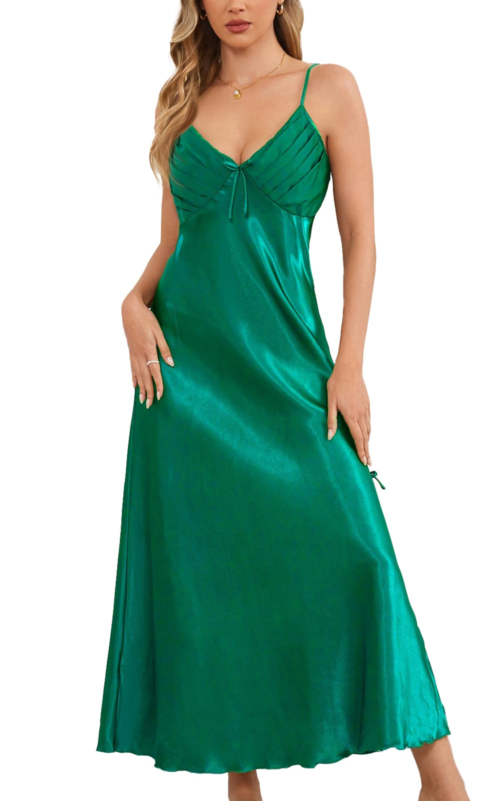 Original Kimono Womens Satin Long Sleepwear V Neck Spaghetti Strap Chemises Lingerie Nightgown Sexy Nightwear Deep Green XL