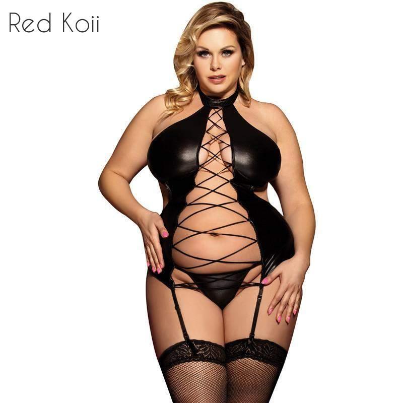Plus Size Sexy Lingerie with Faux Leather Mini Skirt