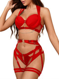 Foxiny Sexy PU Leather Strappy Underwire Push Up Garter Belt Women Lingerie Set Harness Cutout Bra Panty 4 Piece Red Large