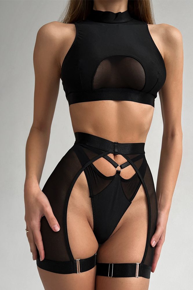 Fashionable Black Wireless Lingerie Set - 3 Pieces