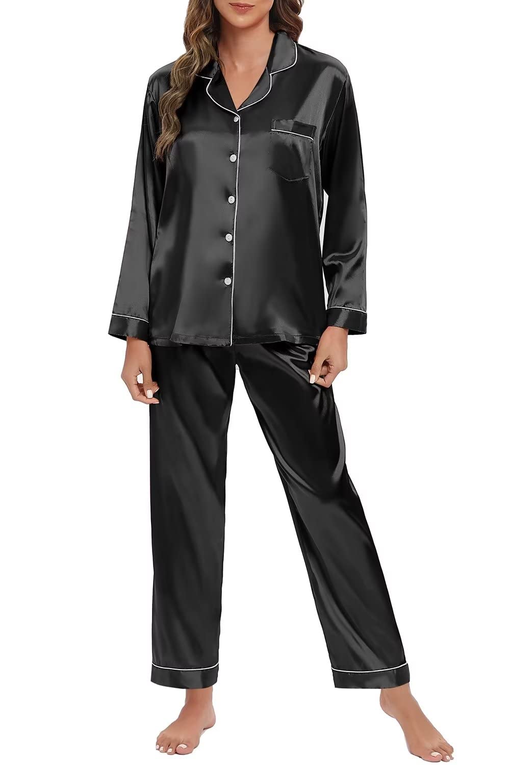 HPWUZK Womens Silk Satin Pajamas Set Long Sleeve Sleepwear Soft Pjs Set Two Piece Button Down Loungewear Pj SetBlackMedium