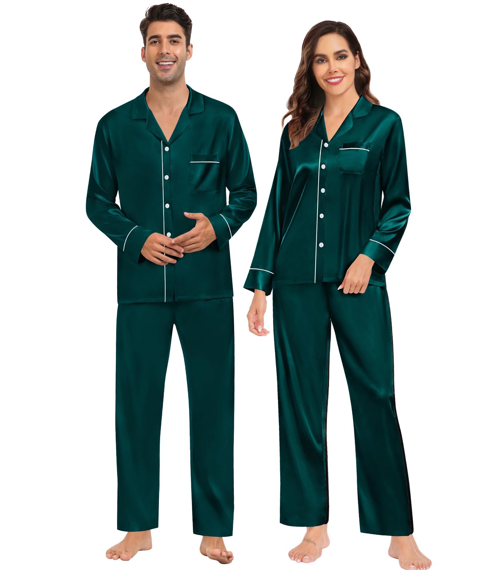 SWOMOG Couples Satin Pajamas Set Mens Matching Silk Long Sleeve Sleepwear 2 Piece Button Down Pjs Set Lounge Set Deep Green