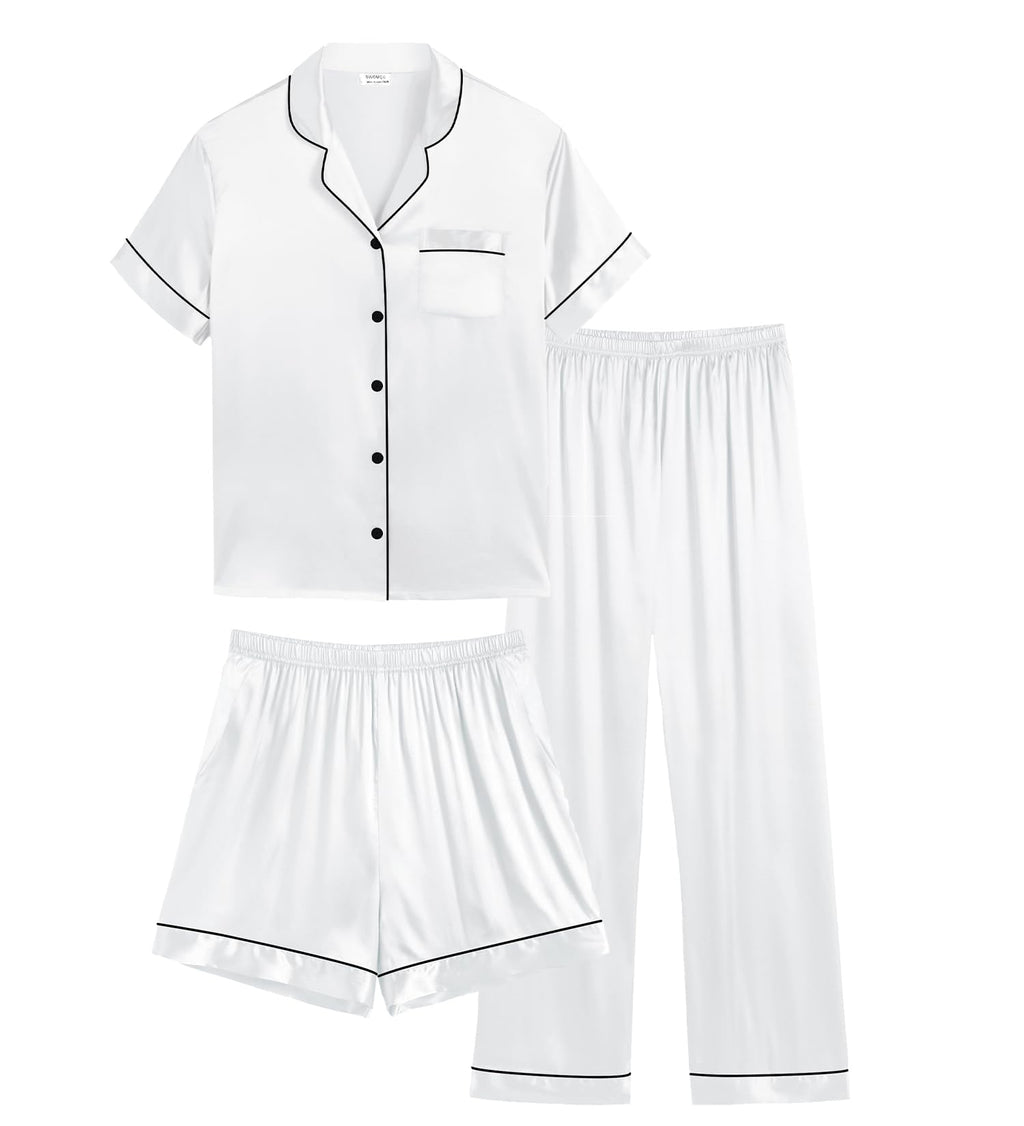 SWOMOG Womens Silk Satin Pajamas Set 3pcs Summer Pj Sets Plus Size Loungewear Button-Down Loose White Sleepwear 26W