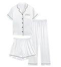 SWOMOG Womens Silk Satin Pajamas Set 3pcs Summer Pj Sets Plus Size Loungewear Button-Down Loose White Sleepwear 26W