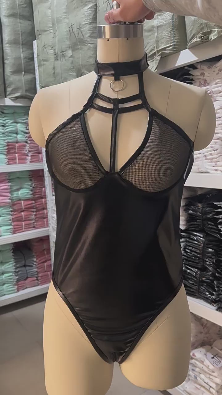 Backless Zipper Patent Leather Bodysuit Lingerie Black